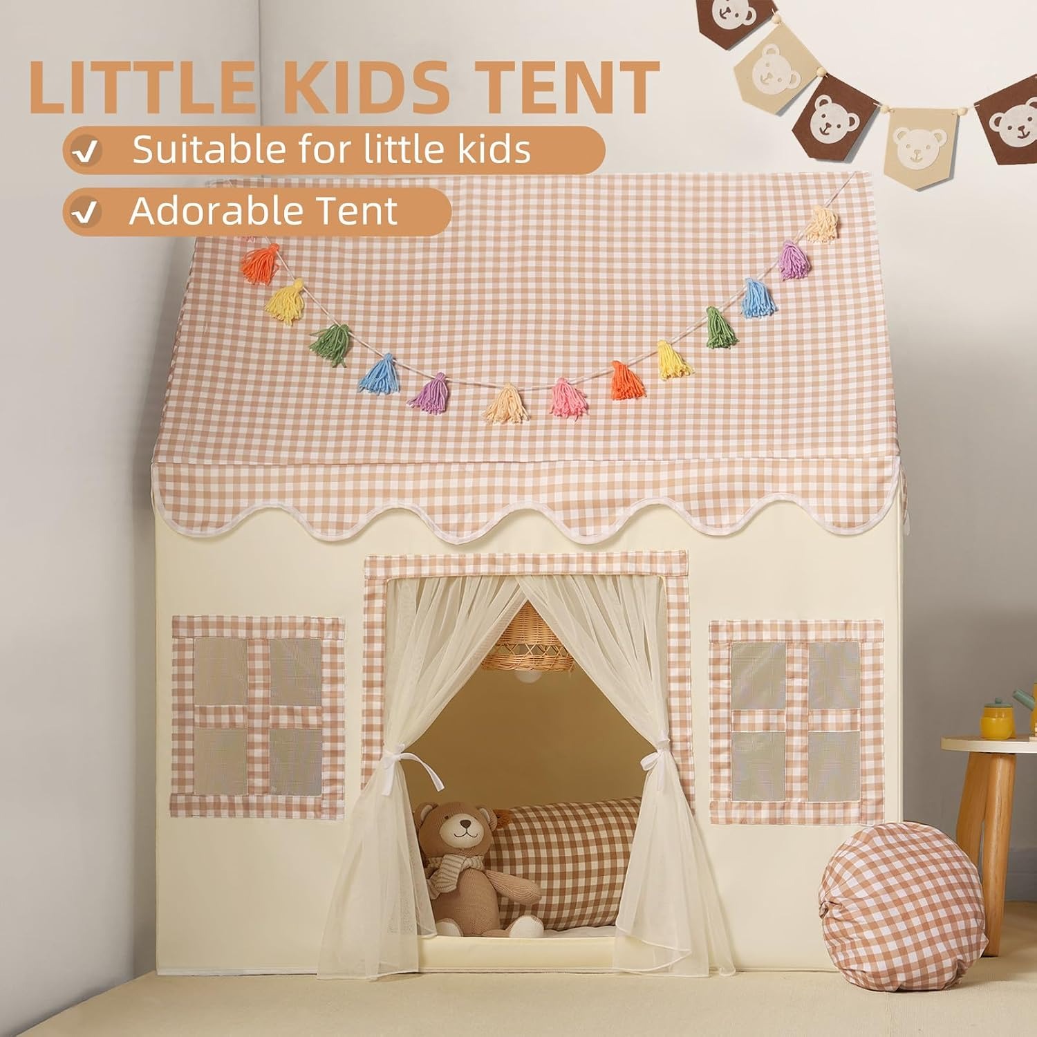 Brown Playhouse Tent with Mat and Rainbow Garland: image 3