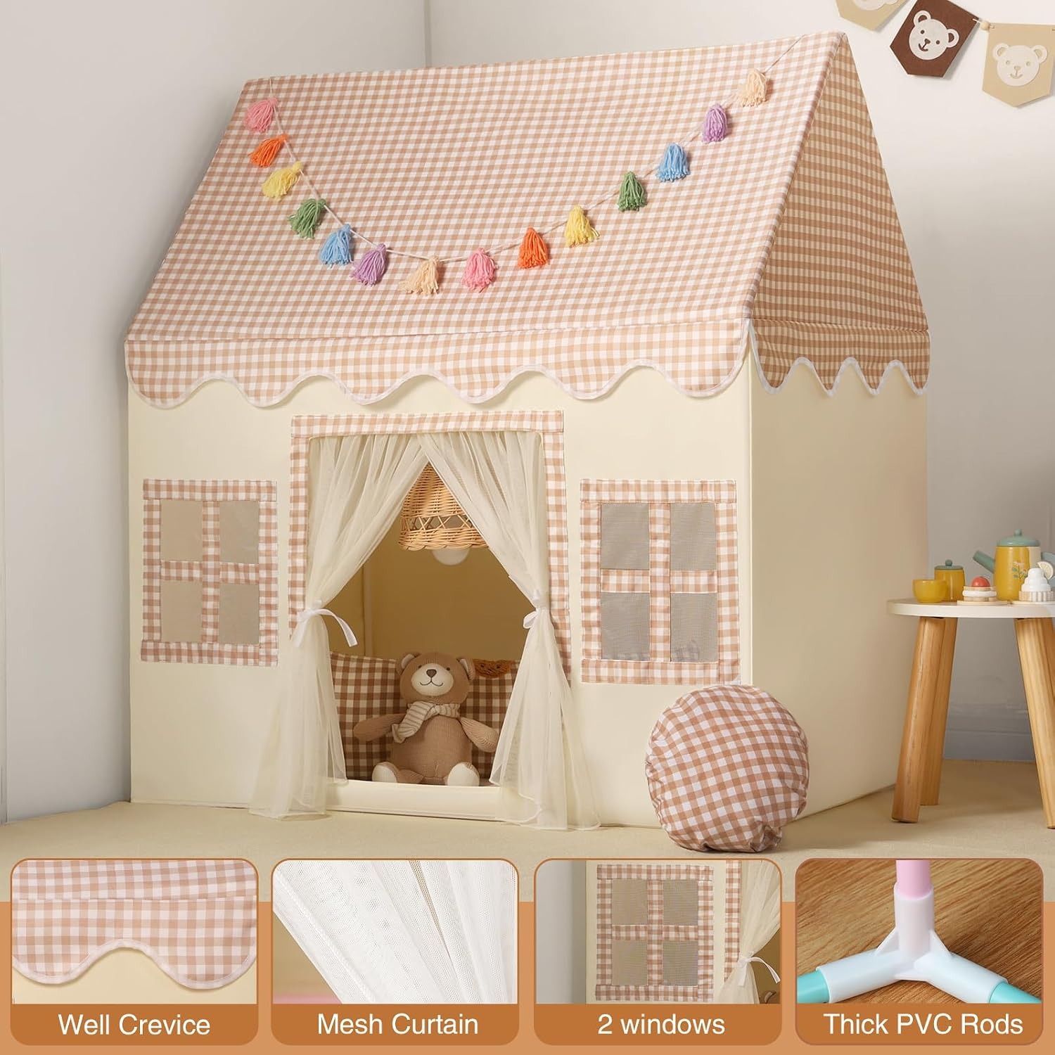 Brown Playhouse Tent with Mat and Rainbow Garland: image 6