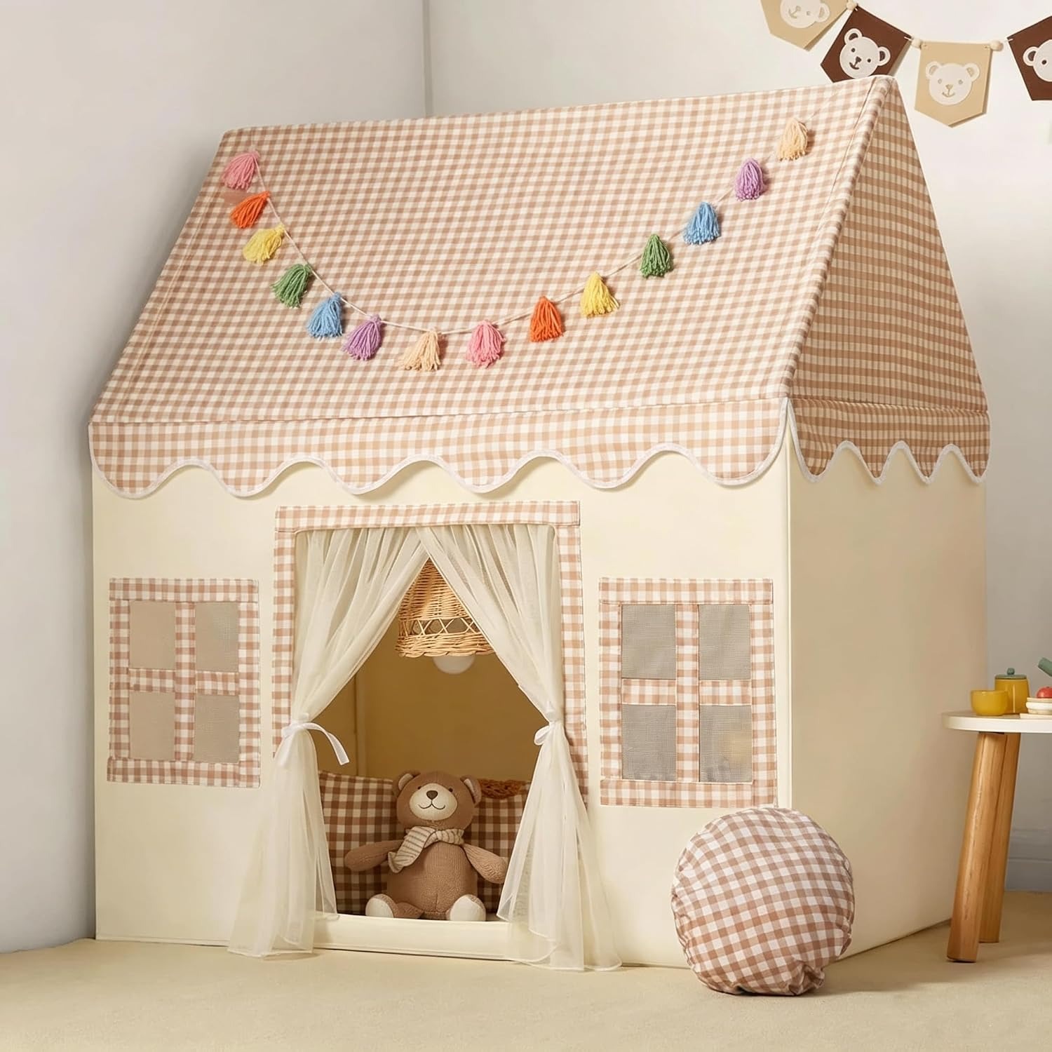 Brown Playhouse Tent with Mat and Rainbow Garland