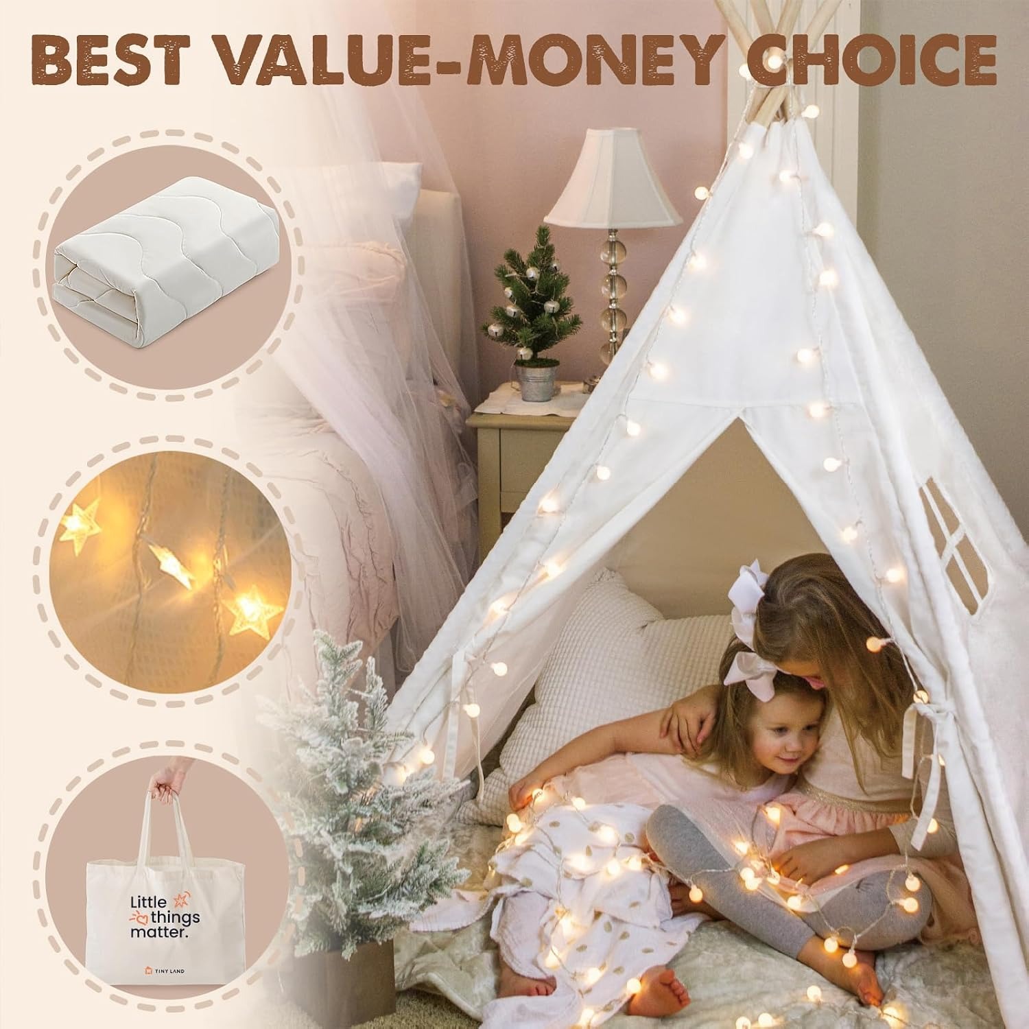 Cotton Canvas Teepee with Mat and Star Lights: image 3