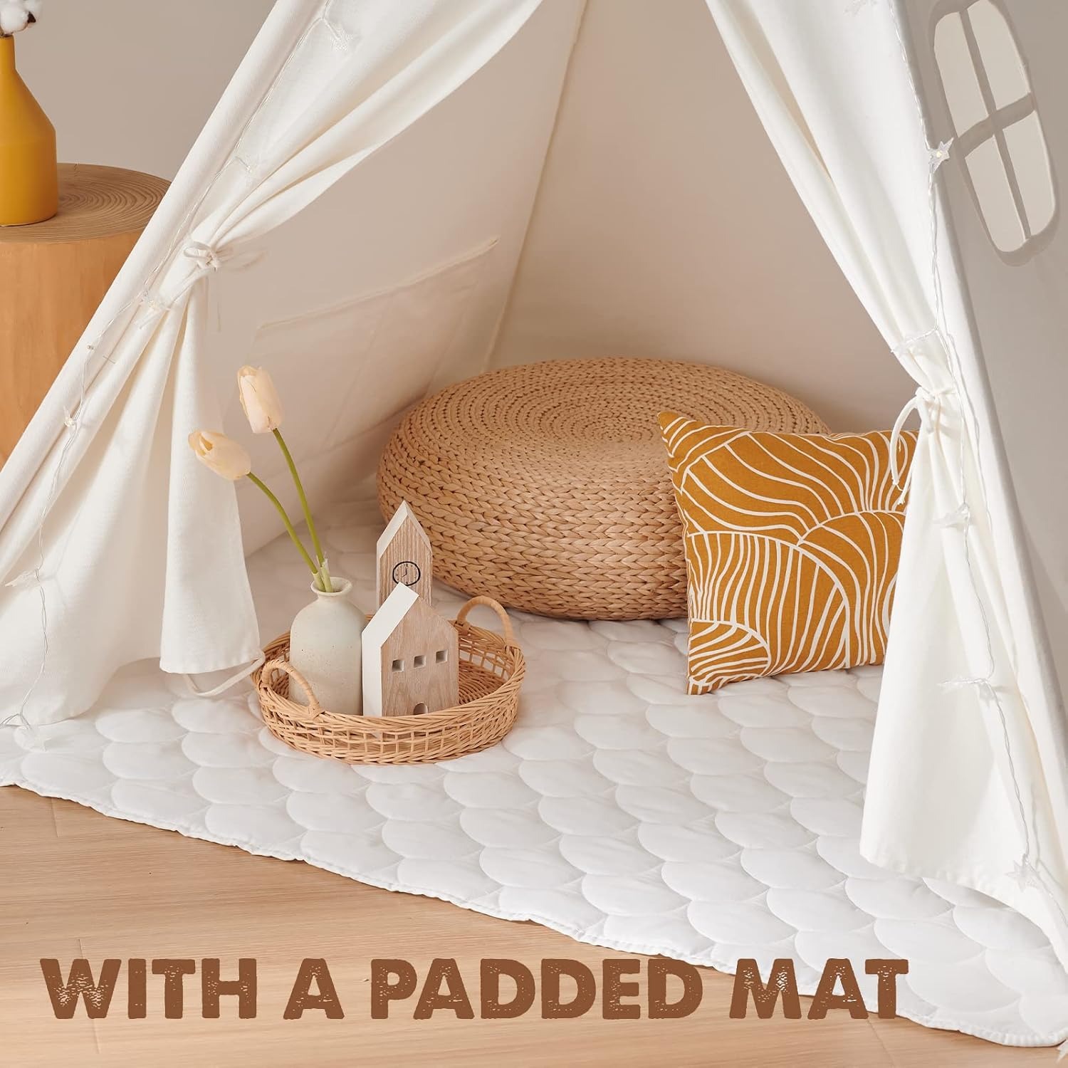 Cotton Canvas Teepee with Mat and Star Lights: image 4