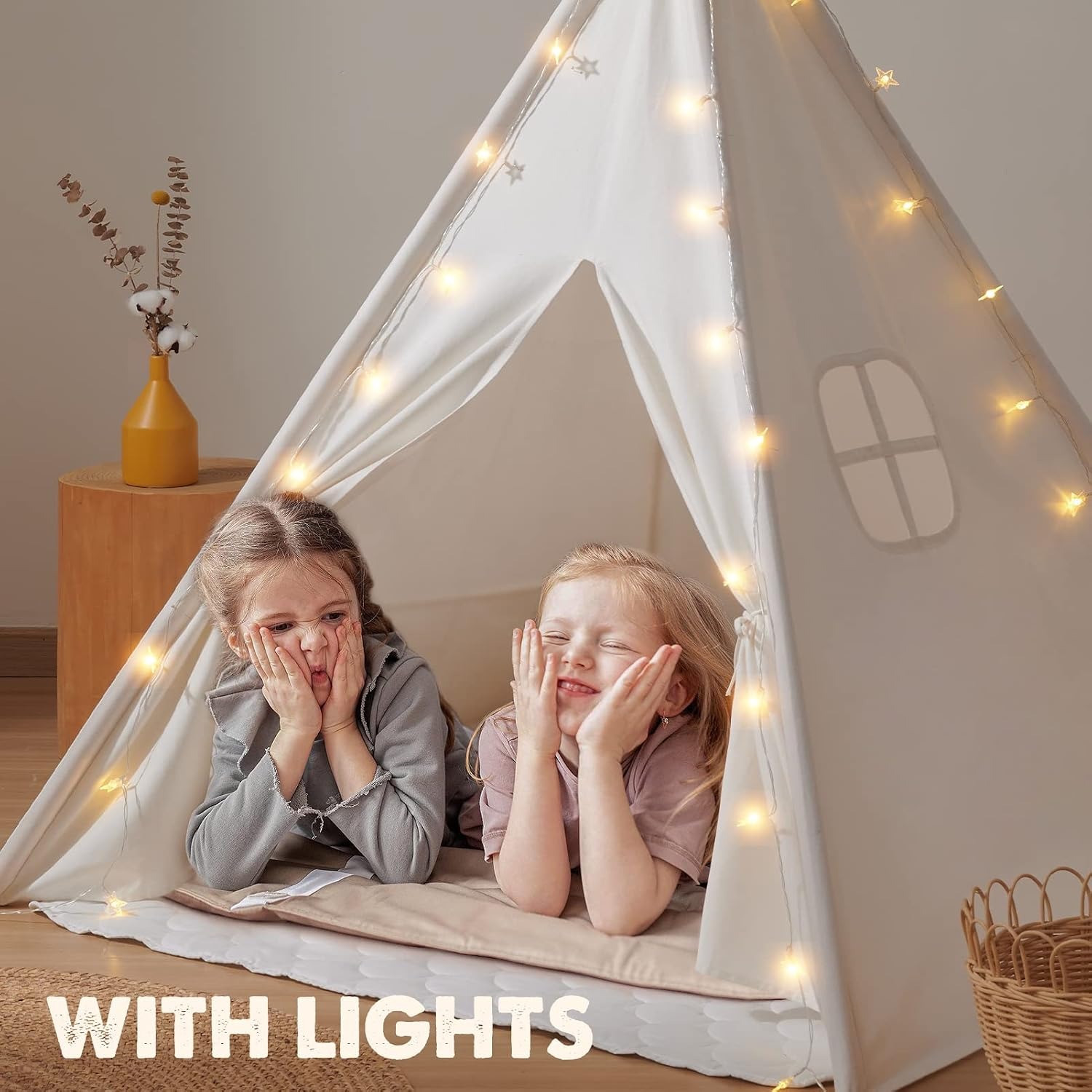 Cotton Canvas Teepee with Mat and Star Lights: image 5