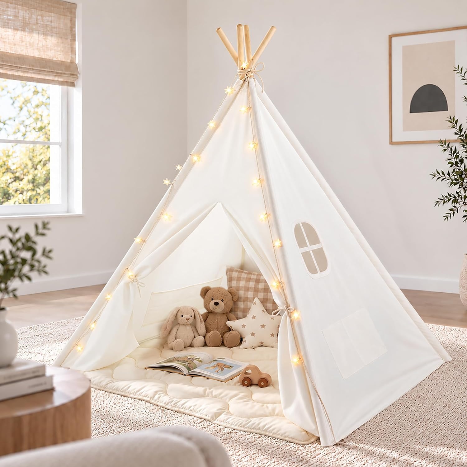 Cotton Canvas Teepee with Mat and Star Lights