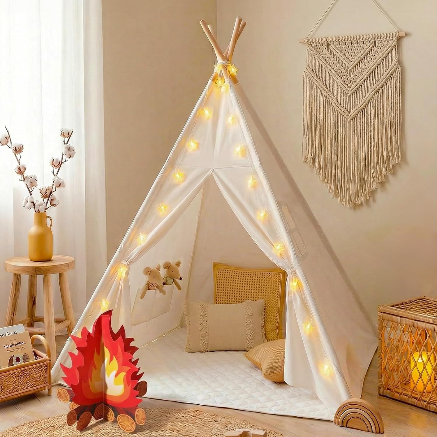 Teepee Tent with Star Lights and Campfire